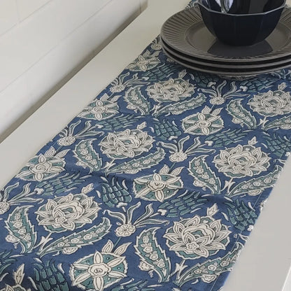Stormy Skies Runner by The Yard House in bold cobalt blue, available in 4, 6, or 8 seater sizes with abstract nature-inspi...