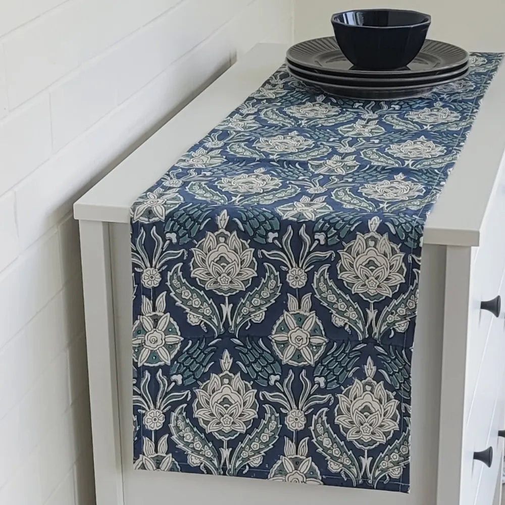 Stormy Skies Runner by The Yard House in bold cobalt blue, available in 4, 6, or 8 seater sizes with abstract nature-inspi...