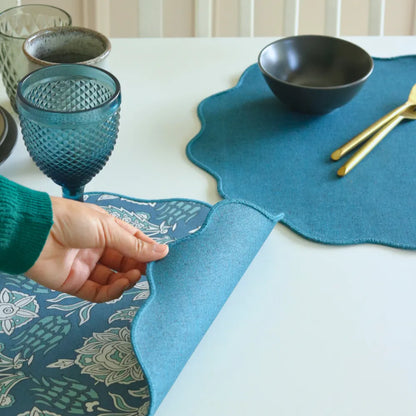 Stormy Skies & Woven Aegean Blue Placemats by The Yard House, set of 4, rectangular (12" x 17"), featuring bold geometric ...