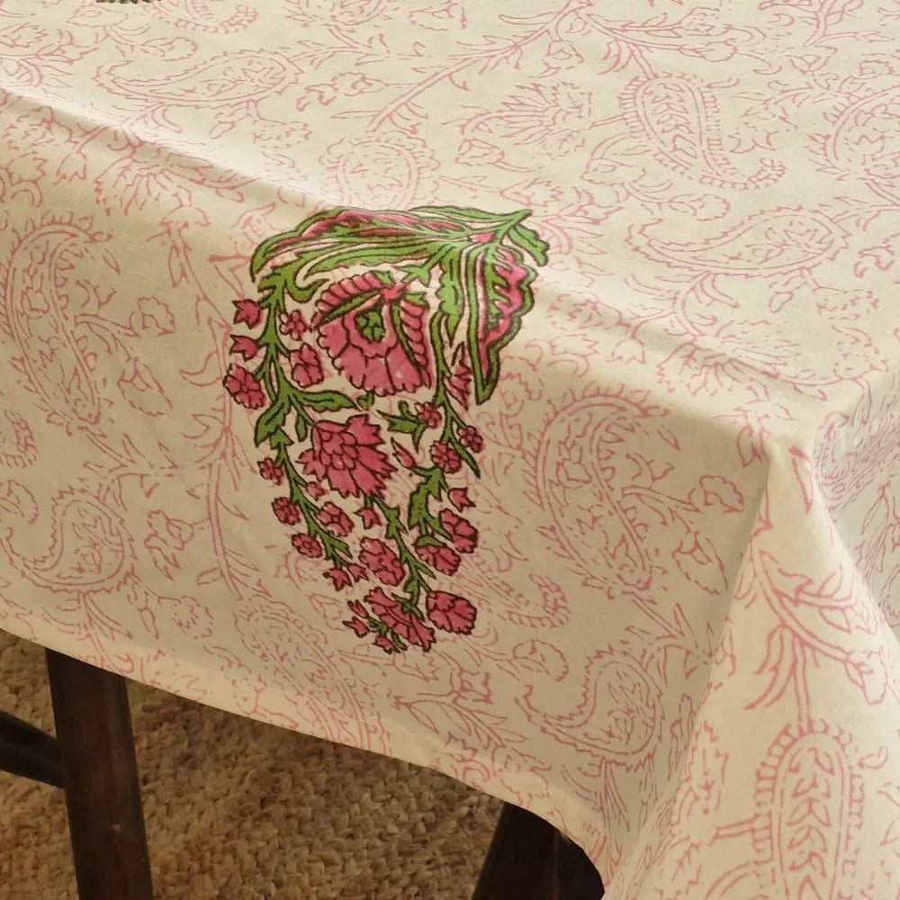 Summer Rose Tablecloth by The Yard House in pink and green, featuring floral designs, available in 4-seater round, square,...