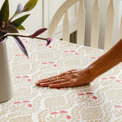Sweet Almond Tablecloth by The Yard House in brown and peach, available in round (60”), square (60"x60"), and rectangle (4...