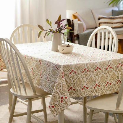 Sweet Almond Tablecloth by The Yard House in brown and peach, available in round (60”), square (60"x60"), and rectangle (4...