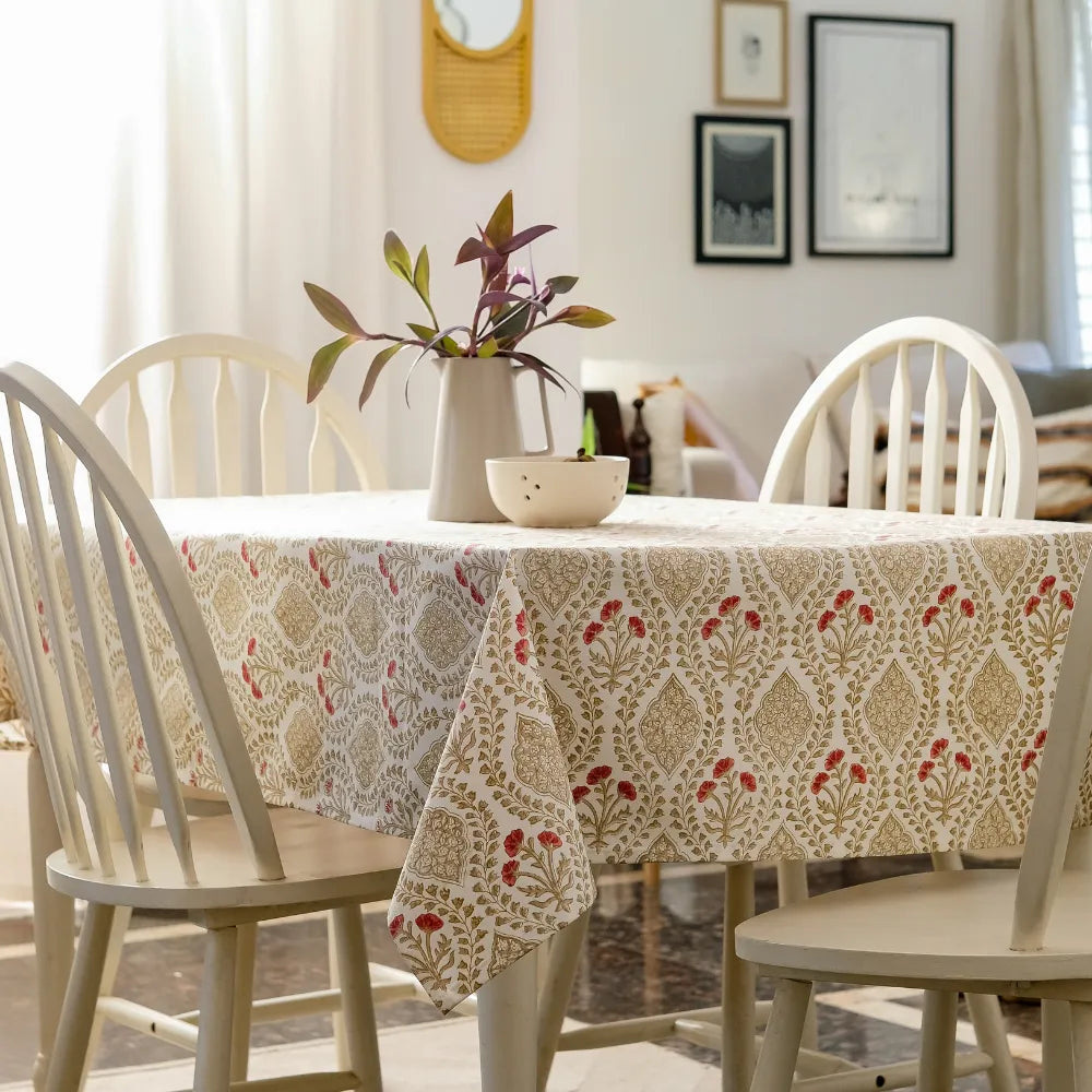 Sweet Almond Tablecloth by The Yard House in brown and peach, available in round (60”), square (60"x60"), and rectangle (4...
