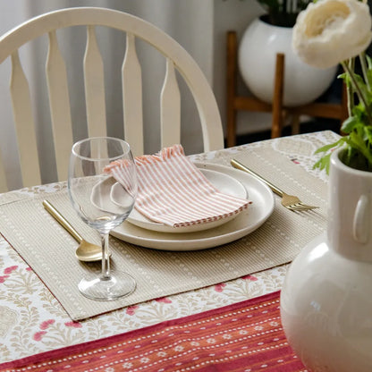 Sweet Almond Tablecloth by The Yard House in brown and peach, available in round (60”), square (60"x60"), and rectangle (4...