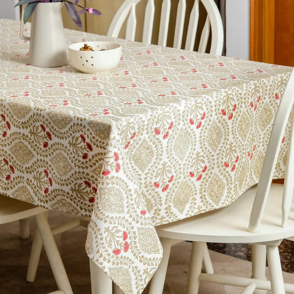 Sweet Almond Tablecloth by The Yard House in brown and peach, available in round (60”), square (60"x60"), and rectangle (4...