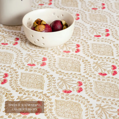 Sweet Almond Tablecloth by The Yard House in brown and peach, available in round (60”), square (60"x60"), and rectangle (4...