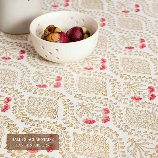 Sweet Almond Tablecloth by The Yard House in brown and peach, available in round (60”), square (60"x60"), and rectangle (4...