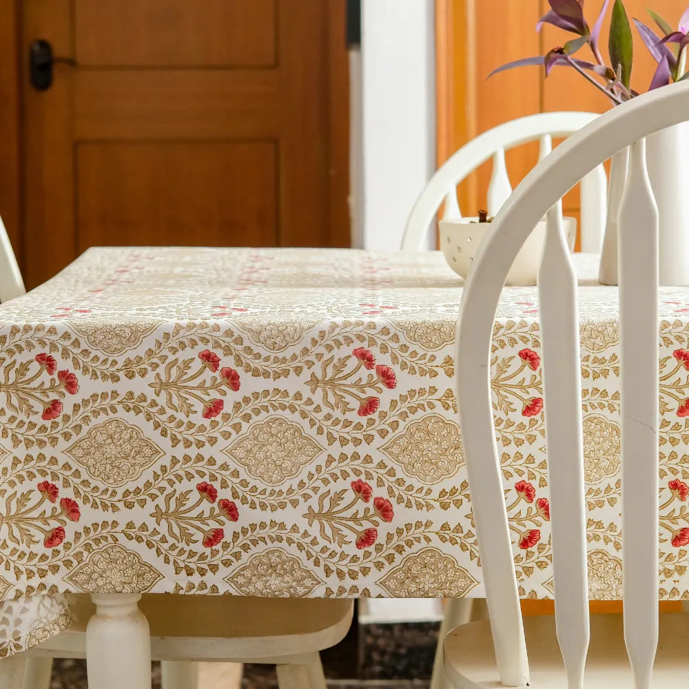 Sweet Almond Tablecloth by The Yard House in brown and peach, featuring geometric patterns, available in various sizes.
