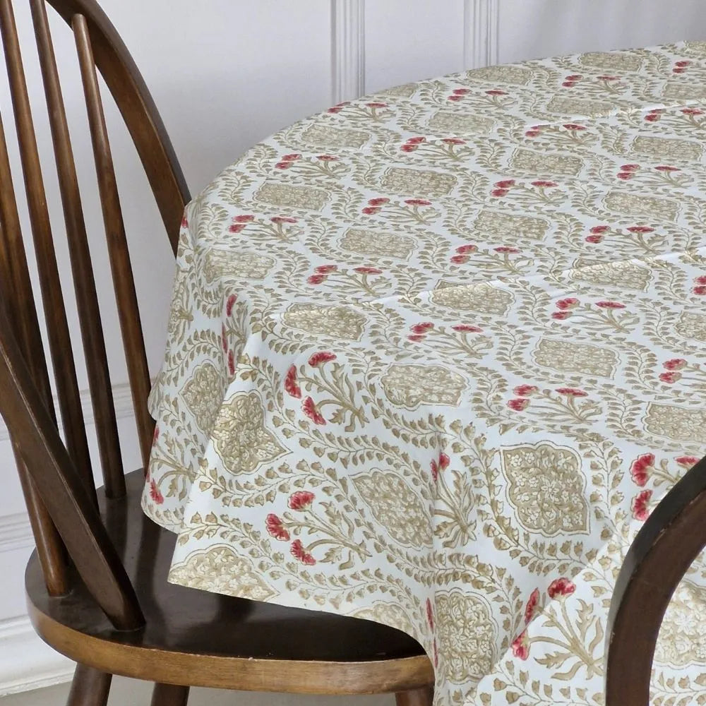Sweet Almond Tablecloth by The Yard House in brown and peach, available in round (60”), square (60"x60"), and rectangle (4...