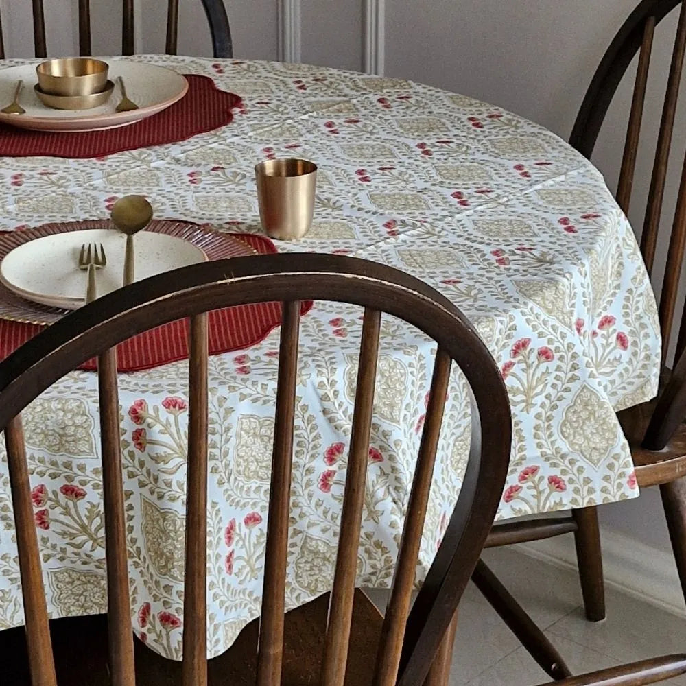 Sweet Almond Tablecloth by The Yard House in brown and peach, featuring geometric patterns, available in various sizes.