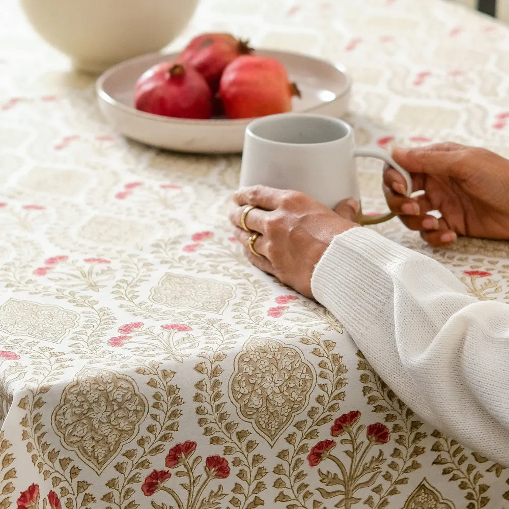 Sweet Almond Tablecloth by The Yard House in brown and peach, geometric patterns, available in round (60”), square (60"x60...