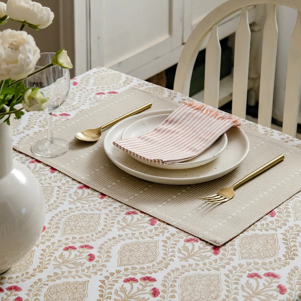 Sweet Almond Tablecloth by The Yard House in brown and peach, available in round (60”), square (60"x60"), and rectangle (4...