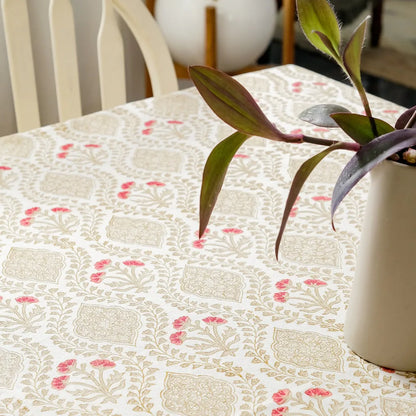 Sweet Almond Tablecloth by The Yard House in brown and peach, available in round (60”), square (60"x60"), and rectangle (4...