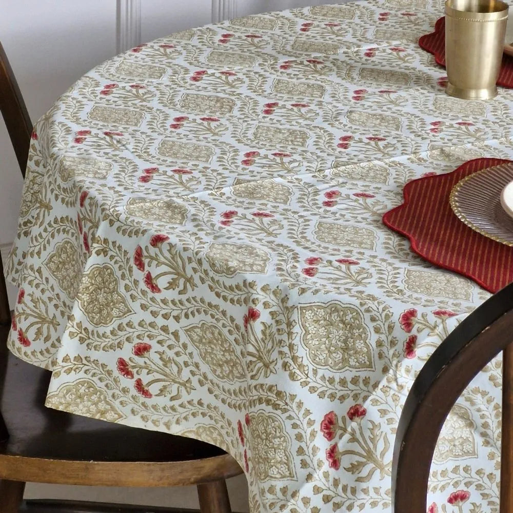 Sweet Almond Tablecloth by The Yard House in brown and peach, available in round (60”), square (60"x60"), and rectangle (4...