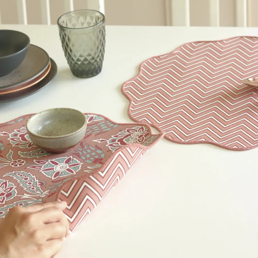 Sweet Onion Placemats by The Yard House in pink, set of 4 rectangular (12" x 17"), featuring bold colors and abstract patt...
