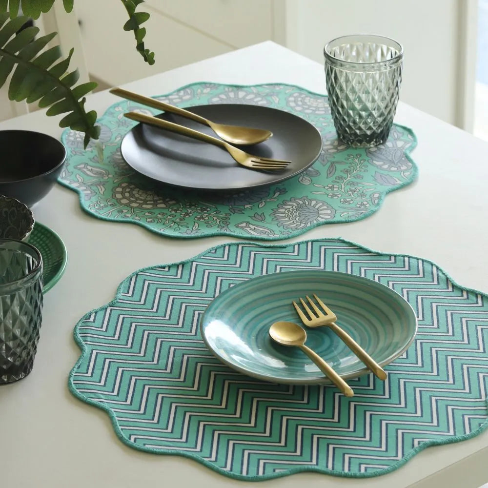 Tranquil Teal & Chevron Placemats by The Yard House, set of 4 rectangle (12" x 17"), featuring bold colors and nature-insp...