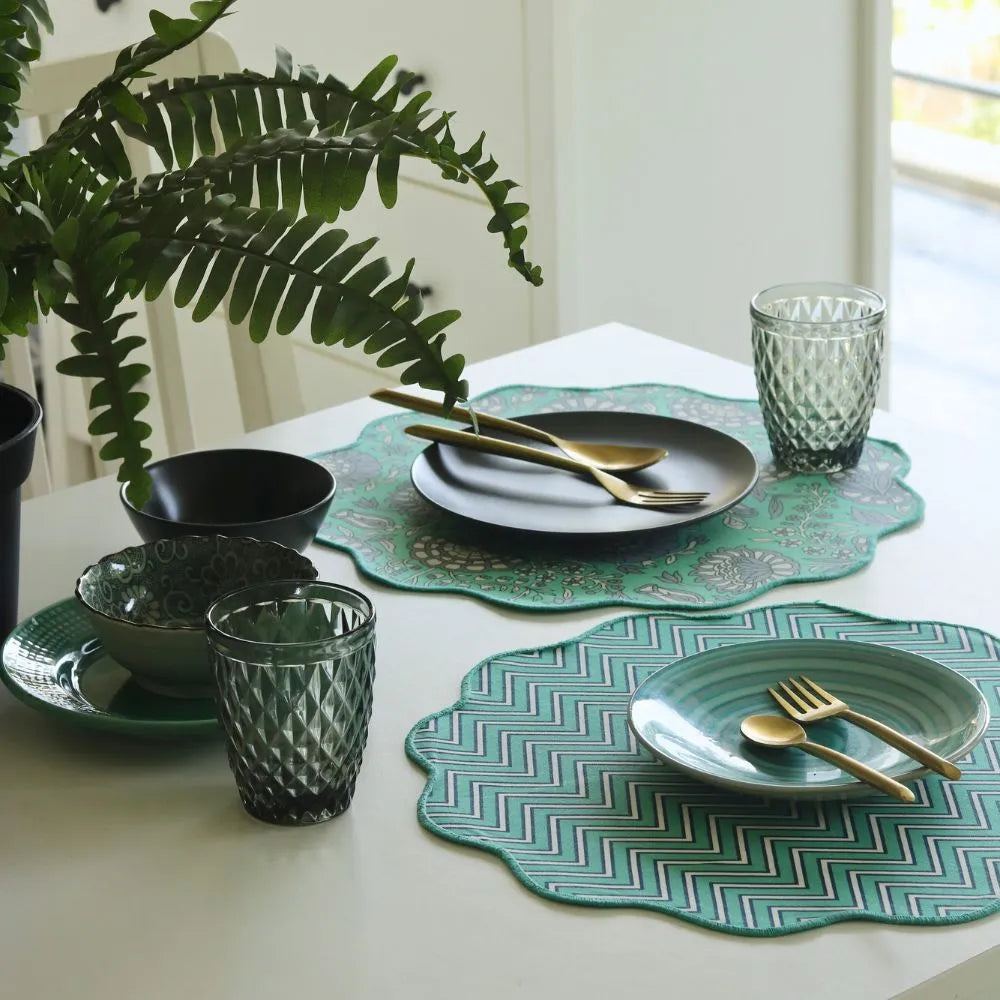 Tranquil Teal & Chevron Placemats by The Yard House, set of 4 rectangle (12" x 17"), featuring bold colors and nature-insp...