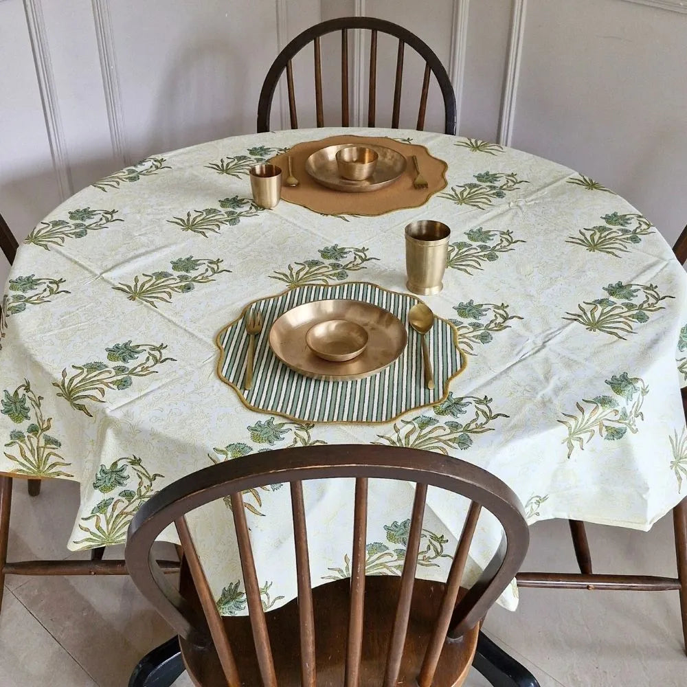 Whispering Willow Tablecloth by The Yard House in green and pale yellow, 60” square, featuring minimalist floral designs.