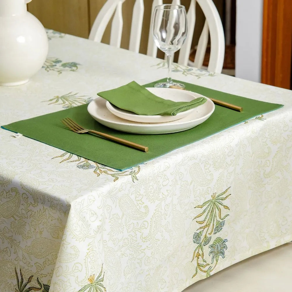 Whispering Willow Tablecloth by The Yard House in green and pale yellow, 60” square, featuring minimalist floral designs.