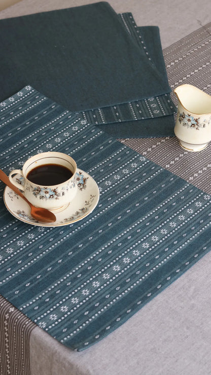 Woven Aegean Blue placemats by The Yard House, set of 4 rectangular (12" x 17"), featuring geometric patterns and traditio...