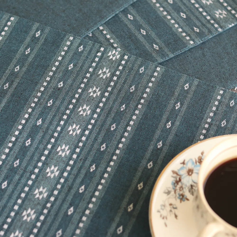 Woven Aegean Blue placemats by The Yard House, set of 4 rectangular (12" x 17"), featuring geometric patterns and traditio...