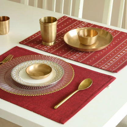 Woven Ruby Red Placemats by The Yard House, set of 4 rectangular (12" x 17"), featuring bold colors and geometric patterns.
