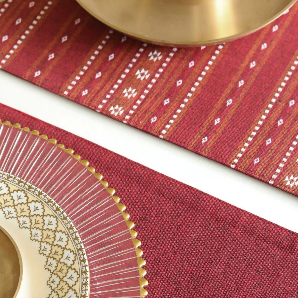 Woven Ruby Red Placemats by The Yard House, set of 4 rectangular (12" x 17"), featuring bold colors and geometric patterns.
