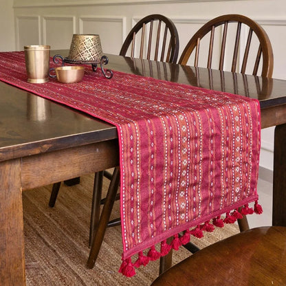Woven Ruby Red Reversible Runner by The Yard House, featuring abstract geometric patterns, available in 4, 6, and 8 seater...